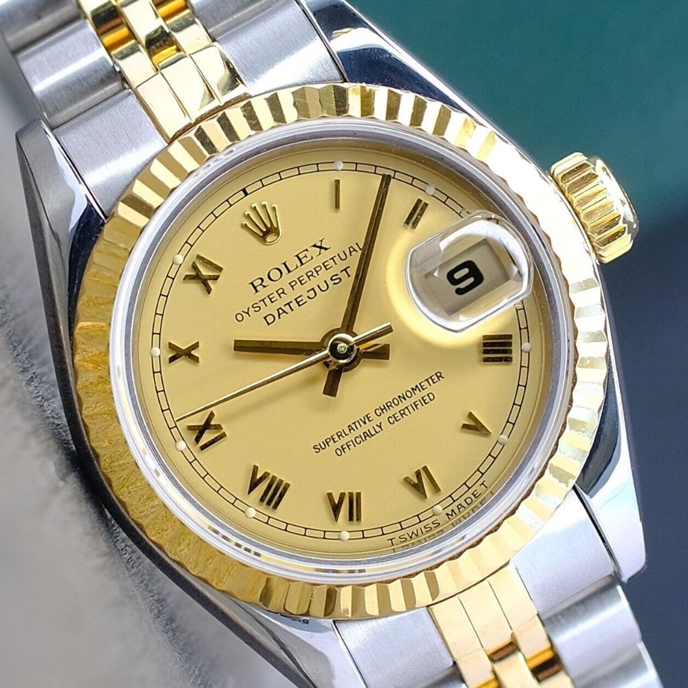 ROLEX LADIES DATEJUST 18KY GOLD & STEEL WATCH 69173 CHAMPAGNE ROMAN DIAL 26MM